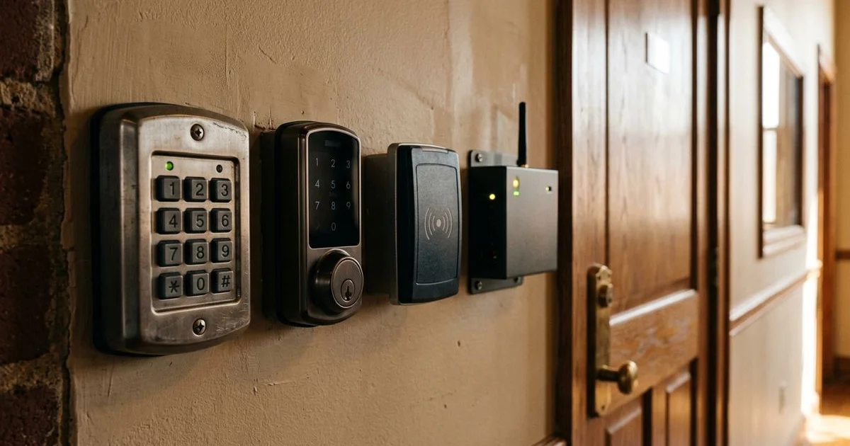 Lineup of keyless entry devices including keypad, Bluetooth, and prox reader