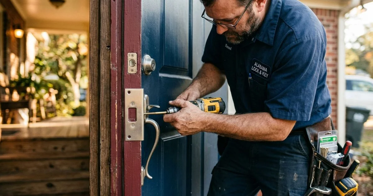Locksmith installing a heavy-duty strike plate on a reinforced door jamb