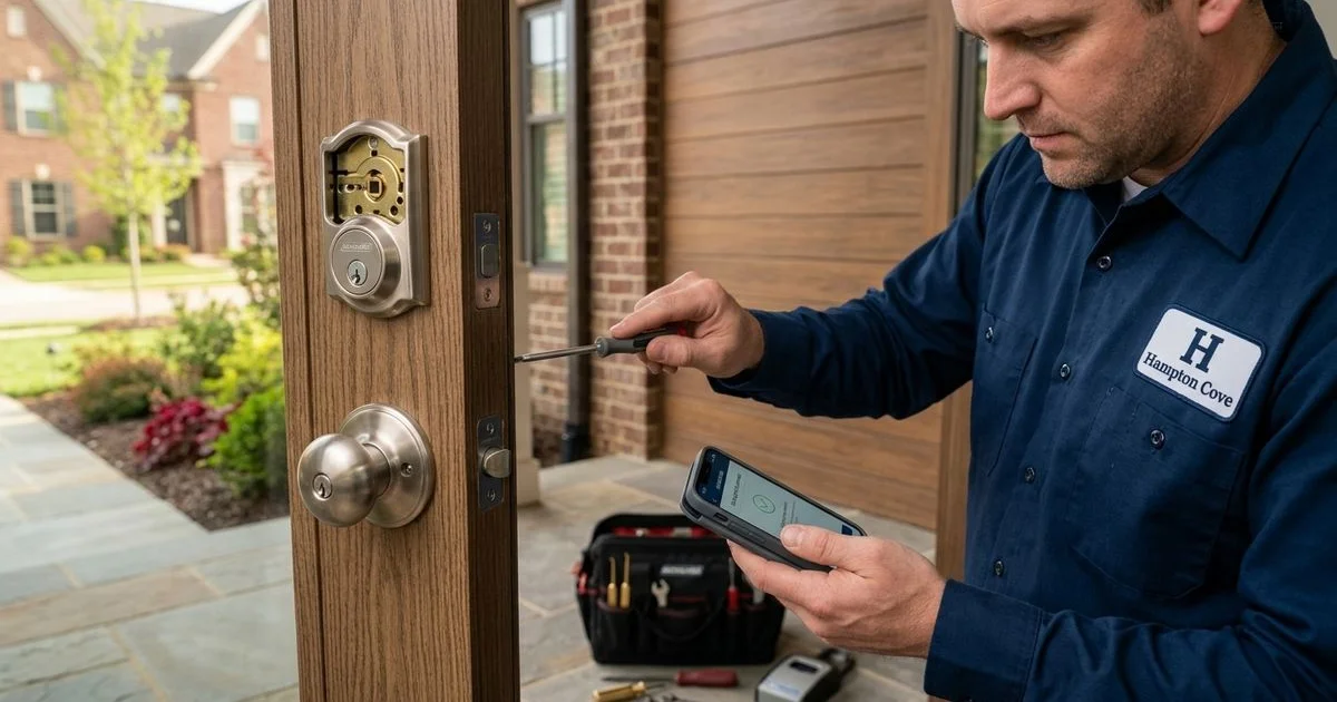 Smart deadbolt installation at a Hampton Cove home