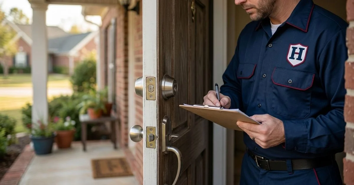 Locksmith performing a free home security check at a Huntsville front door