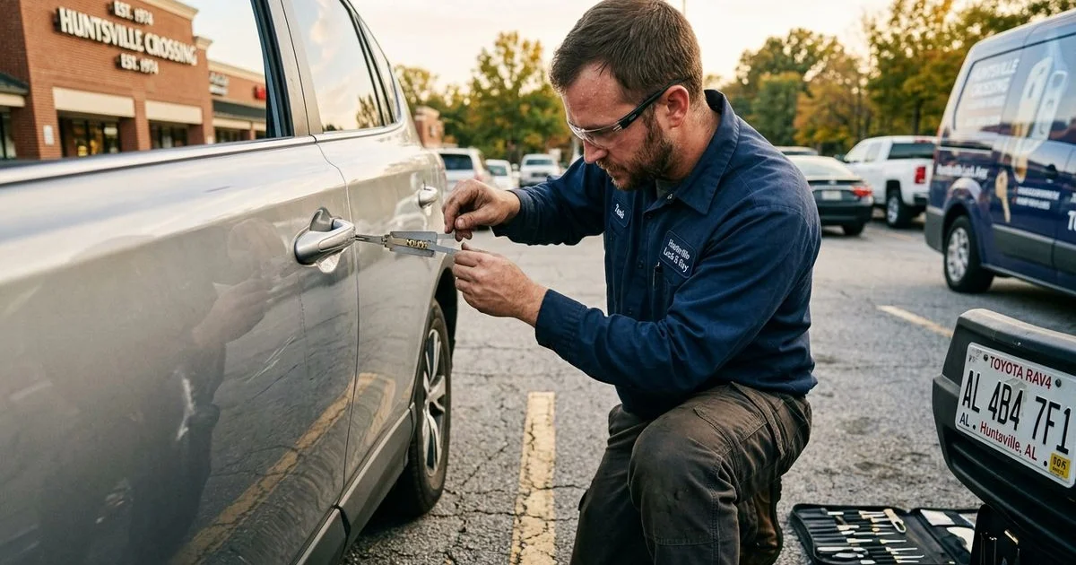 Locksmith performing non-destructive car lockout entry in a Huntsville parking lot