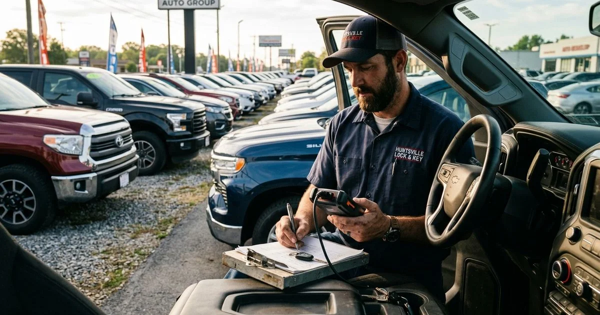 Locksmith working through a row of vehicles on a Huntsville auto dealer lot