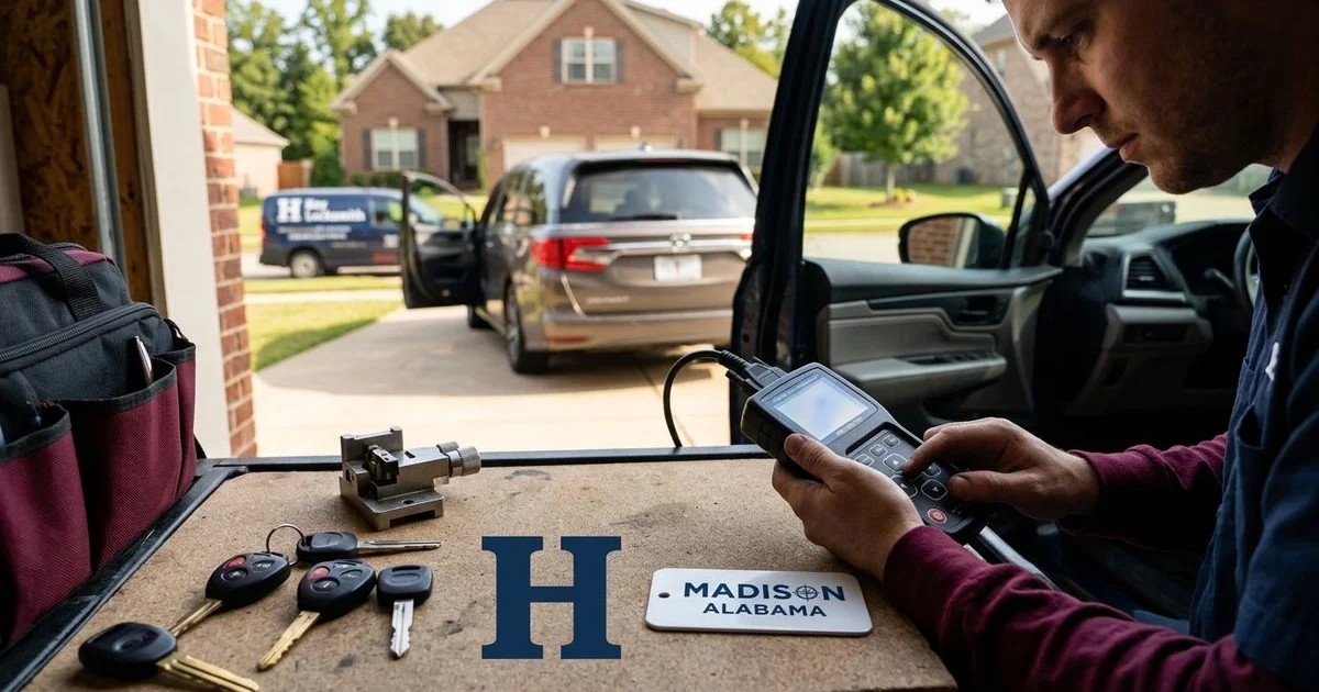 Mobile locksmith programming a transponder car key in a Madison driveway