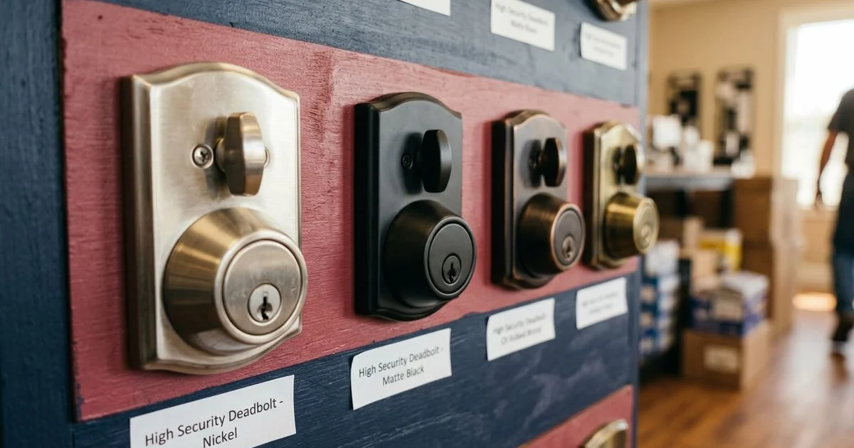 Row of high-security deadbolts on a showroom display board