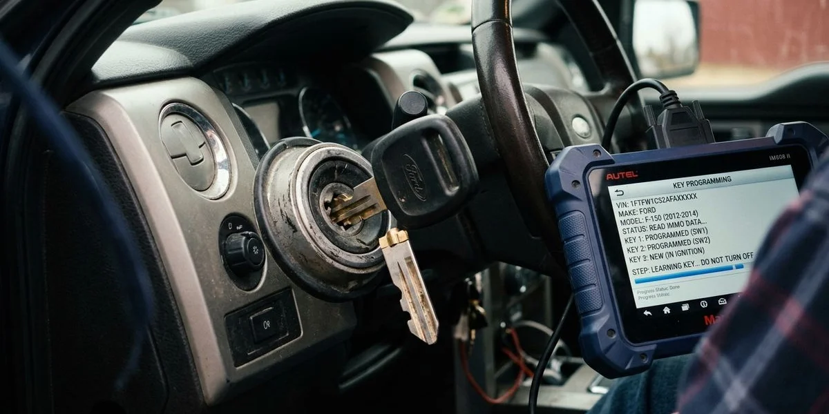 Close-up of a freshly cut transponder key beside an OBD2 programmer