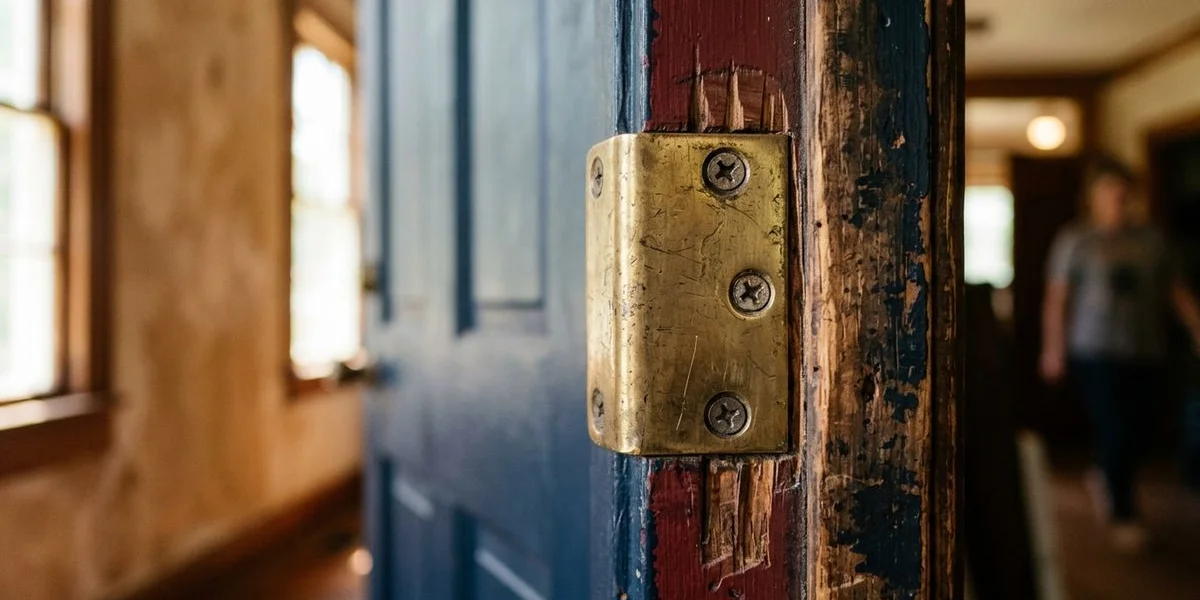 Close-up of a reinforced strike plate and long screws on a door frame