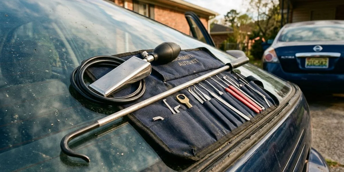 Automotive lockout tool kit on a vehicle window