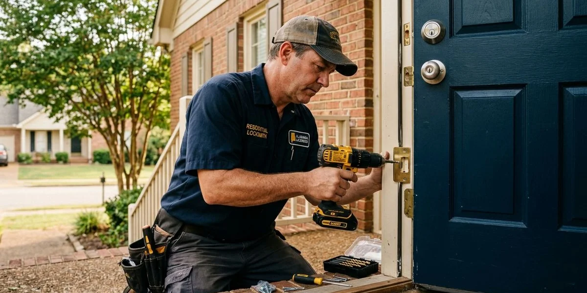 Locksmith installing a Grade 1 deadbolt and reinforced strike plate on a Madison home