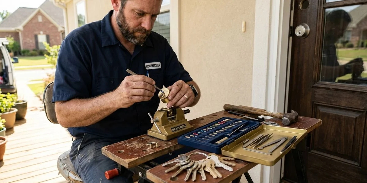 Locksmith rekeying a deadbolt cylinder on a new home's front porch