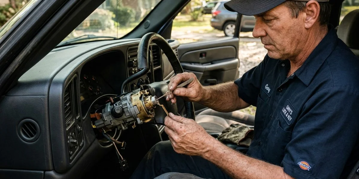 Locksmith repairing a car ignition cylinder