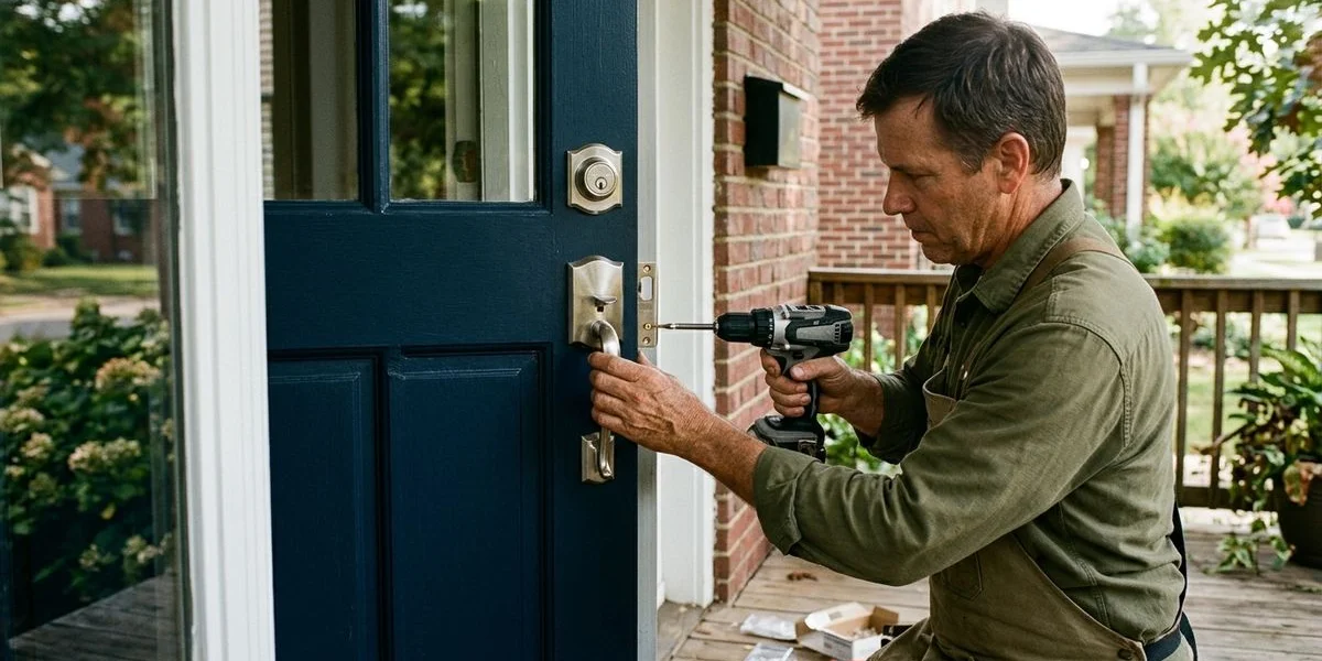 New door hardware being installed on a home front door